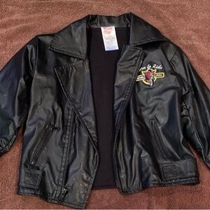 Kids Black Faux Leather Jacket with Embroidered Motorcycle Design